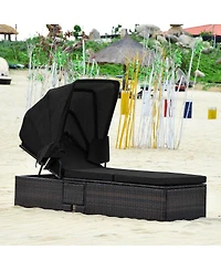 Outdoor Adjustable Cushioned Chaise Lounge Chair with Folding Canopy-Black