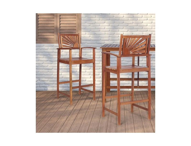 2 Pieces Outdoor Acacia Wood Bar Chairs with Sunflower Backrest and Armrests