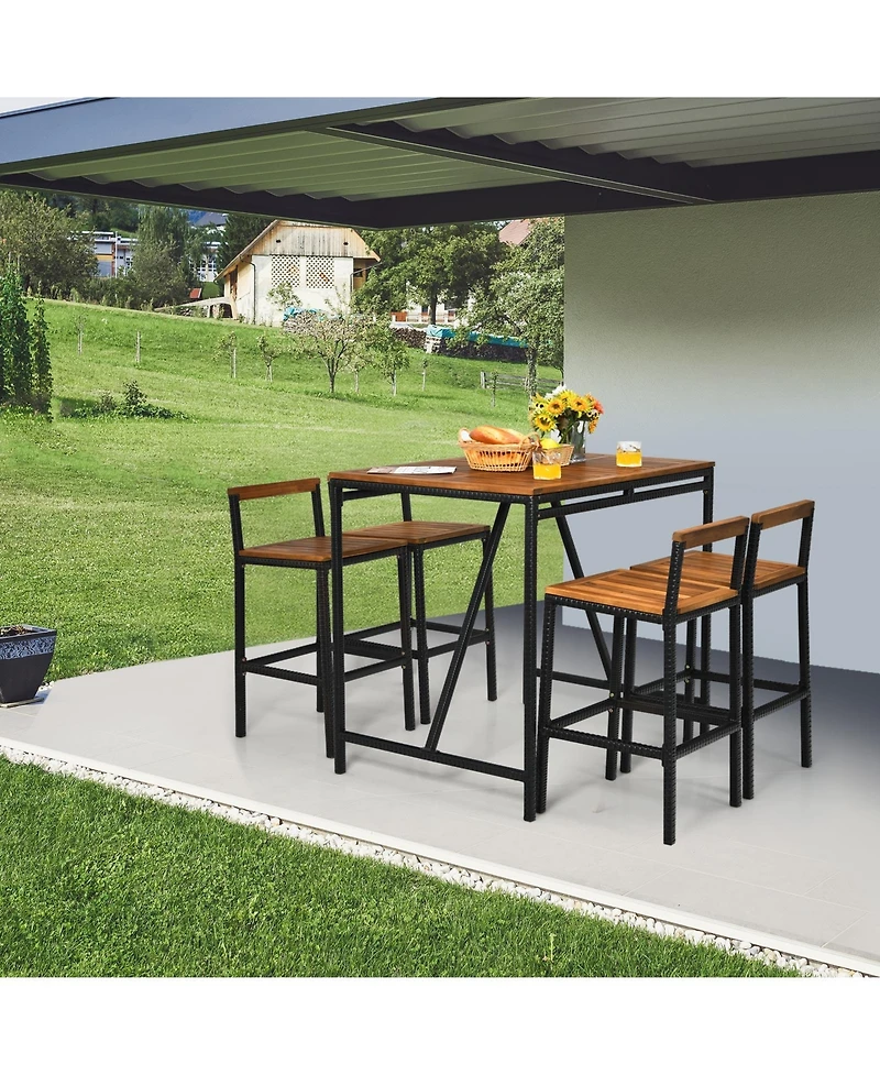 5 Pieces Outdoor Acacia Wood and Pe Rattan Bar Set