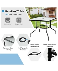 35 Inch Patio Dining Square Tempered Glass Table with Umbrella Hole