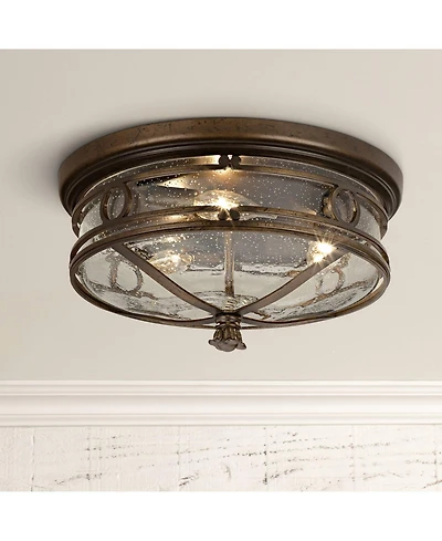 Beverly Drive Rustic Flush-Mount Outdoor Ceiling Light Fixture Bronze 14" Clear Seedy Glass Damp Rated for Exterior House Porch Patio Outside Deck Gar