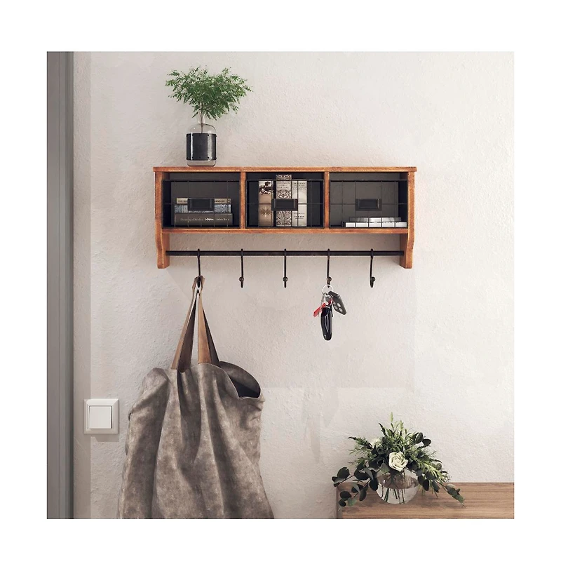 Rustic Coat Rack Wall Mounted Shelf With Hooks & Baskets, Entryway Organizer 5 And Cubbies