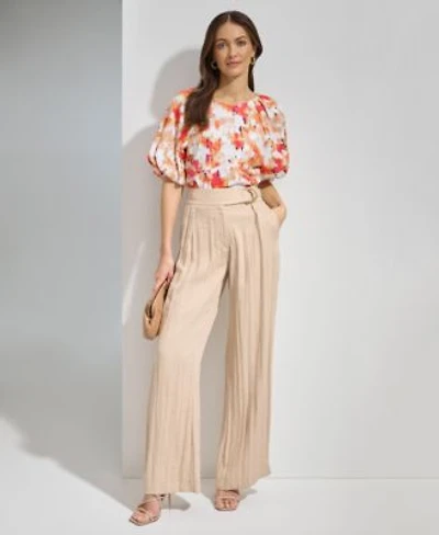 Dkny Womens Printed Scoop Neck Short Puff Sleeve Top Drapey Organza Belted Wide Leg Pants