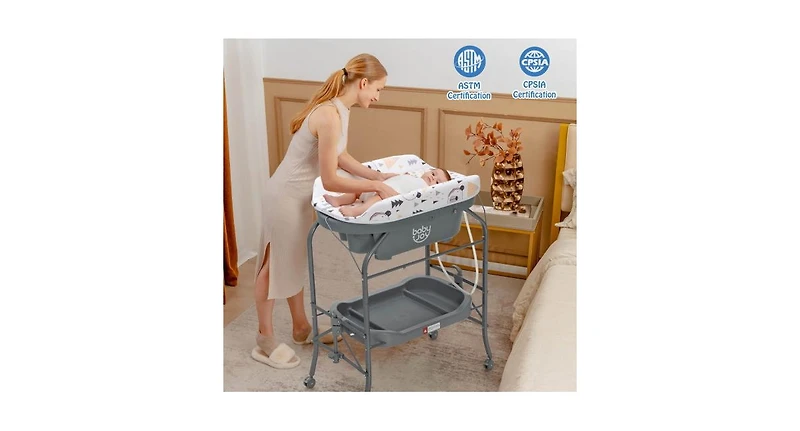 Portable Baby Changing Table with Storage Basket and Shelves