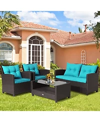 4 Pieces Patio Rattan Conversation Furniture Set with Glass Top Coffee Table