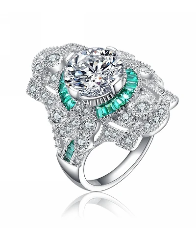 Sterling Silver White Gold Plated with Colorful Baguette Cubic Zirconia Cocktail Ring