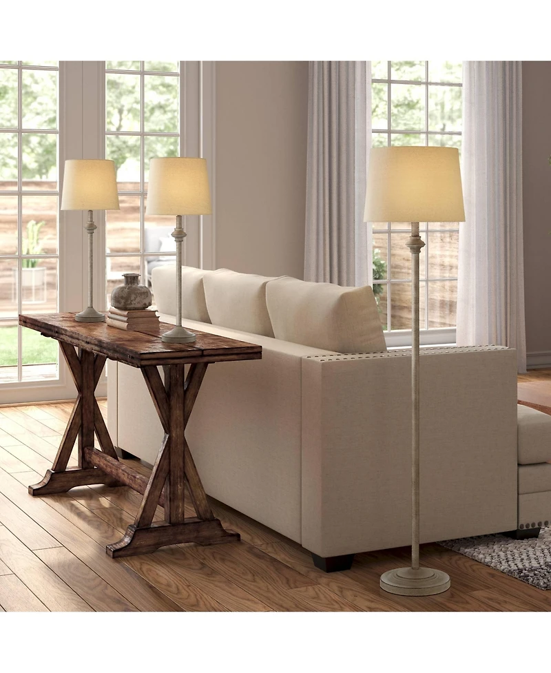 360 Lighting Carter Rustic Farmhouse 3 Piece Table Floor Lamp Set Beige Metal Cream Fabric Tapered Drum Shade for Living Room Bedroom Office House