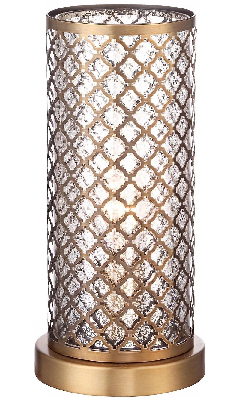 Alcazar Modern Glam Luxury Accent Table Lamp 12" High Brass Gold Metal Lattice Outer Mercury Glass Inner Cylinder Shade Decor for Bedroom House Bedsid