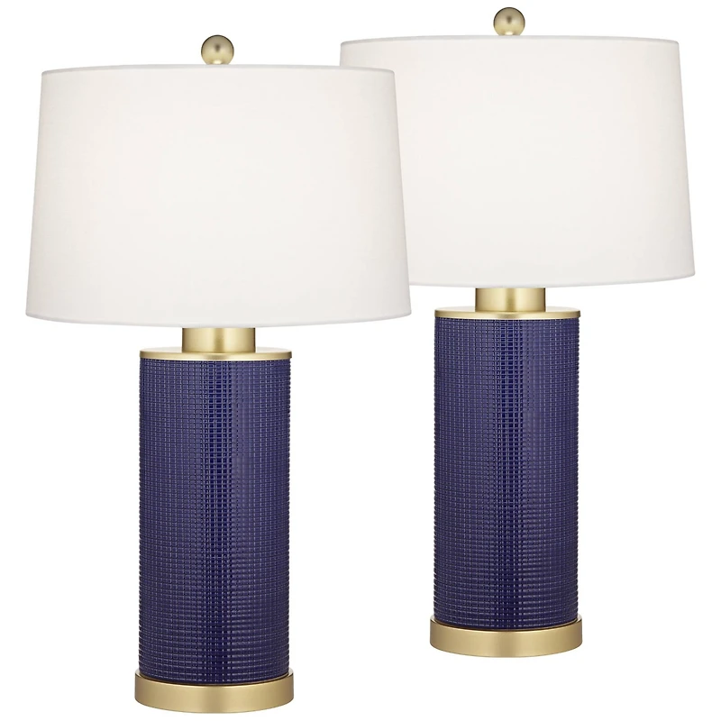 Gilson 24 1/2" High Modern Coastal Glam Table Lamps Set of 2 Gold Textured Blue Finish Ceramic Fabric White Shade Living Room Bedroom Bedside Nightsta