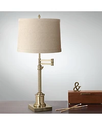 360 Lighting Swing Arm Desk Table Lamp 36" Tall Antique Brass Natural Linen Drum Shade for Living Room Bedroom Nightstand Office Family