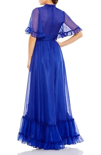 Women's Ruffled High Neck Flutter Sleeve Low Hem Gown