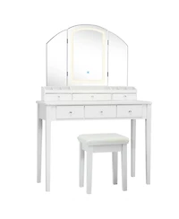 Vanity Table Stool Set with Large Tri-folding Lighted Mirror