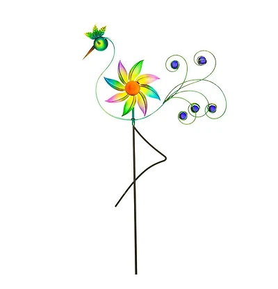 Evergreen Cheerful Summer Days Wind spinner Garden Stake, Green/yellow/pink Bird, Short