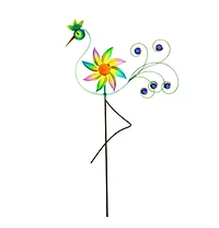 Evergreen Cheerful Summer Days Wind spinner Garden Stake, Green/yellow/pink Bird, Short