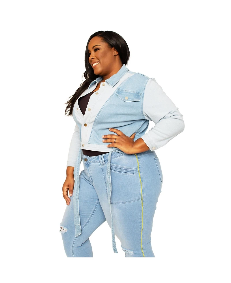 Women's Plus Curvy Fit Belted Dual Shade Denim Trucker Jacket