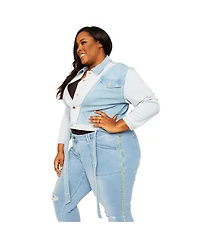 Women's Plus Curvy Fit Belted Dual Shade Denim Trucker Jacket