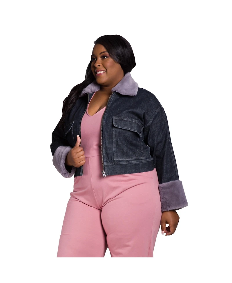 Women's Plus Curvy Fit Zip Up Faux Fur Trim Trucker Jacket