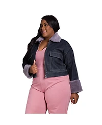 Women's Plus Curvy Fit Zip Up Faux Fur Trim Trucker Jacket