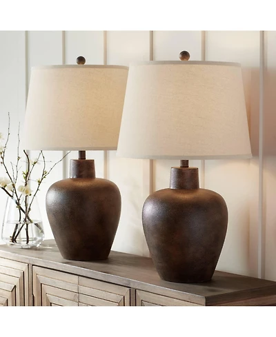 Regency Hill Glenn Rustic Farmhouse Table Lamps 27" Tall Set of 2 Dark Terra Cotta Tapered Fabric Drum for Bedroom Living Room Bedside Nightstand