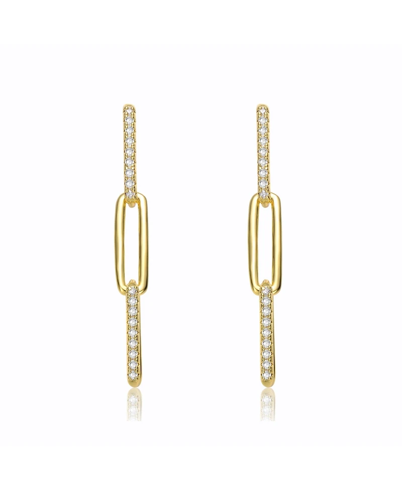 Classic 14k Yellow Gold Plated with Cubic Zirconia Triple Oblong Oval Cable Chain Drop Earrings