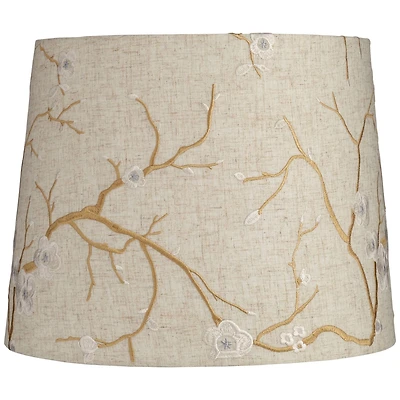 Springcrest Beige Plum Flower Embroidery Medium Drum Lamp Shade 12" Top x 14" Bottom x 11" Slant (Spider) Replacement with Harp and Fin