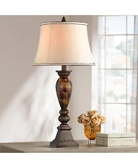 Mulholland Traditional Vintage like Table Lamp 33" Tall Aged Bronze Golden Faux Marble Off White Bell Shade for Living Room Bedroom House Bedside