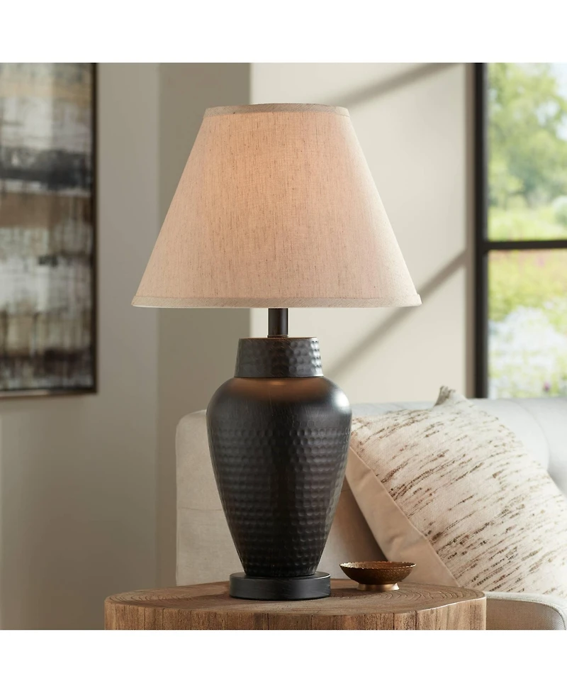 Regency Hill Auburn Rustic Farmhouse Table Lamp 25" High Bronze Hammered Natural Linen Empire Shade for Bedroom Living Room Bedside Nightstand Of