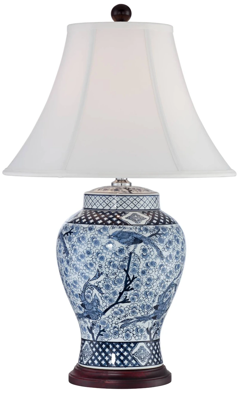 Barnes and Ivy Shonna Traditional Table Lamp 27" Tall Blue White Garden Bird Bell Shade for Bedroom Living Room Bedside Nightstand Office Family
