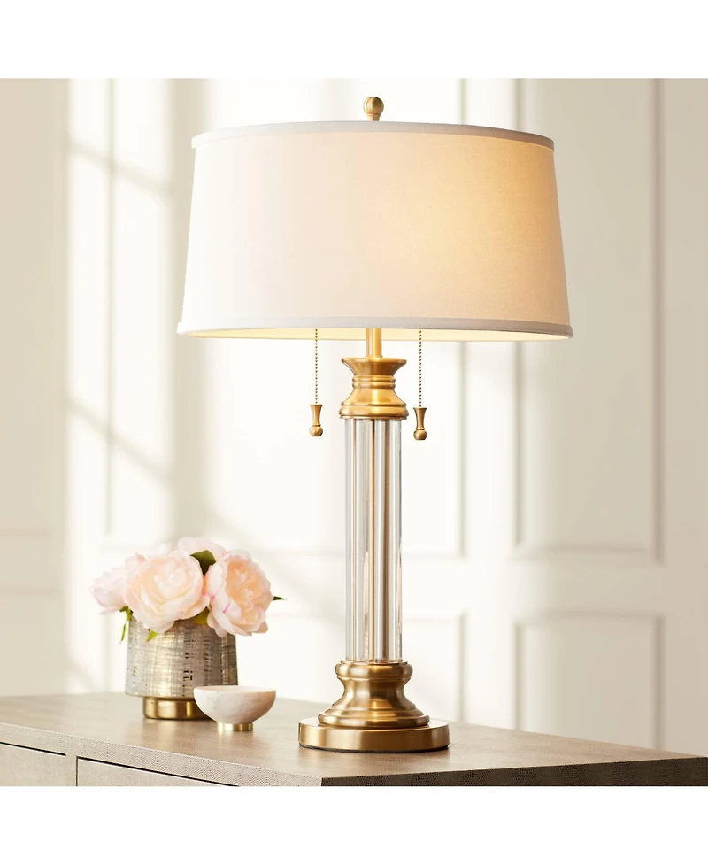 Vienna Full Spectrum Rolland Traditional Table Lamp 30" Tall Crystal Brass Column Off White Tapered Drum Shade for Bedroom Living Room Bedside Of