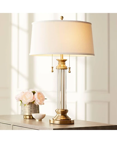 Vienna Full Spectrum Rolland Traditional Table Lamp 30" Tall Crystal Brass Column Off White Tapered Drum Shade for Bedroom Living Room Bedside Of