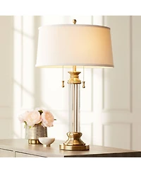Vienna Full Spectrum Rolland Traditional Table Lamp 30" Tall Crystal Brass Column Off White Tapered Drum Shade for Bedroom Living Room Bedside Of