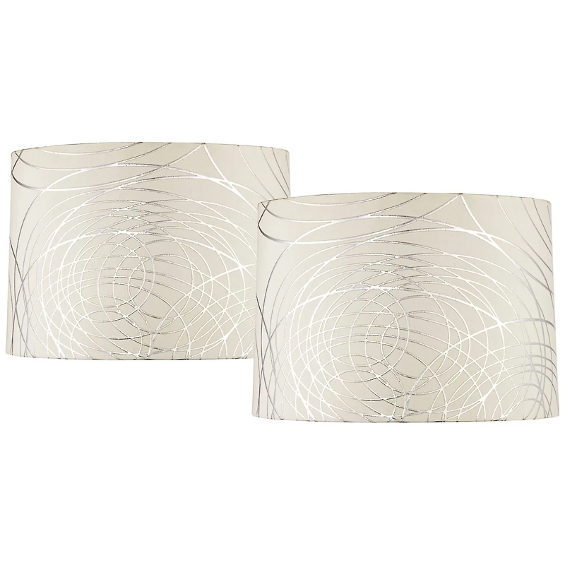 Springcrest Set of 2 Drum Lamp Shades Off-White Silver Circles Medium 15" Top x 16" Bottom x 11" High Spider with Harp and Finial