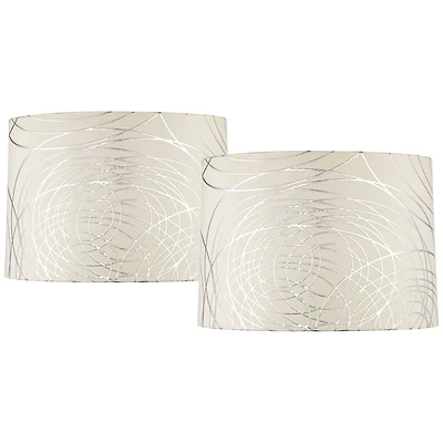Springcrest Set of 2 Drum Lamp Shades Off-White Silver Circles Medium 15" Top x 16" Bottom x 11" High Spider with Harp and Finial
