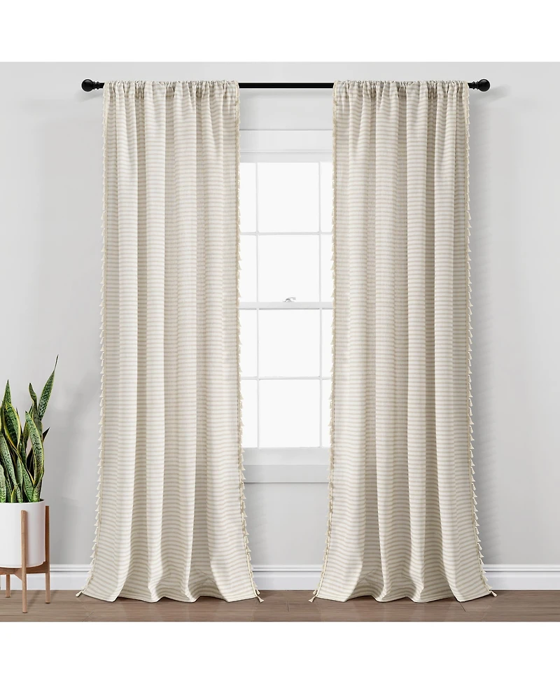 Boho Coastal Horizontal Ticking Stripe Tassel Window Curtain Panels
