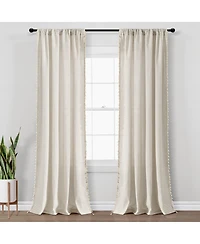 Boho Coastal Horizontal Ticking Stripe Tassel Window Curtain Panels