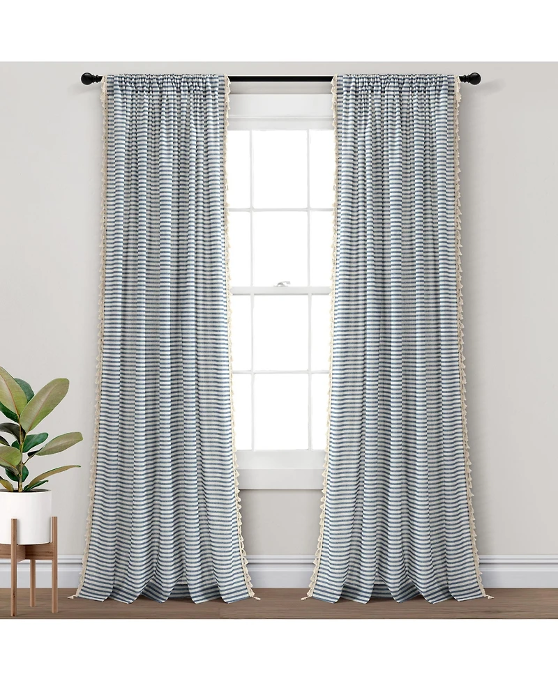 Boho Coastal Horizontal Ticking Stripe Tassel Window Curtain Panels