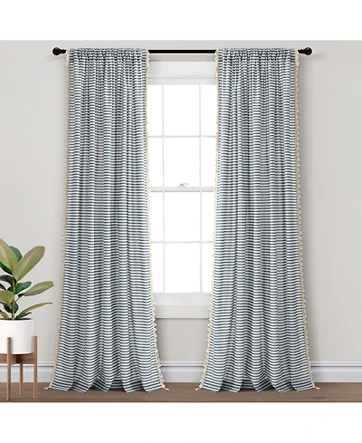 Boho Coastal Horizontal Ticking Stripe Tassel Window Curtain Panels