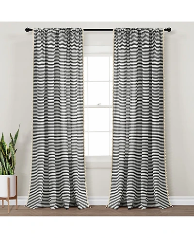 Boho Coastal Horizontal Ticking Stripe Tassel Window Curtain Panels