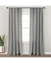 Boho Coastal Horizontal Ticking Stripe Tassel Window Curtain Panels