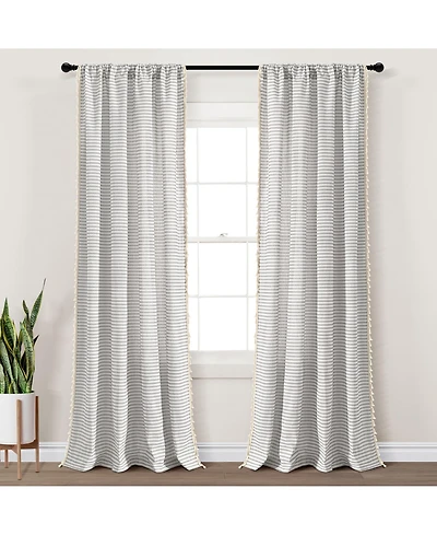 Boho Coastal Horizontal Ticking Stripe Tassel Window Curtain Panels