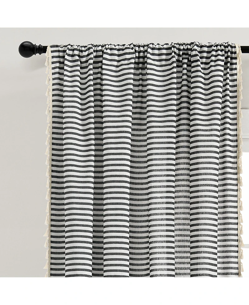 Boho Coastal Horizontal Ticking Stripe Tassel Window Curtain Panels