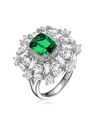 Sterling Silver White Gold Plated with Green Square Cubic Zirconia with Cubic Zirconia's Petals Flower Ring