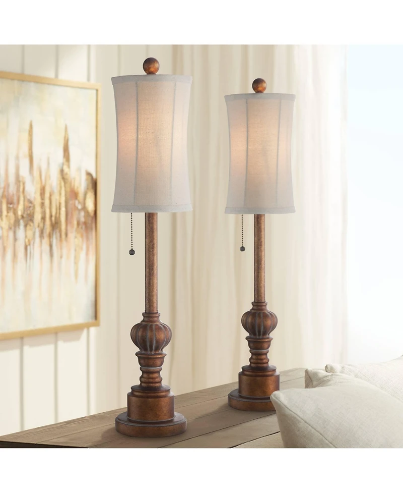 Regency Hill Traditional Buffet Table Lamps 28" Tall Set of 2 Warm Brown Wood Tone Fabric Drum Shade for Dining Room