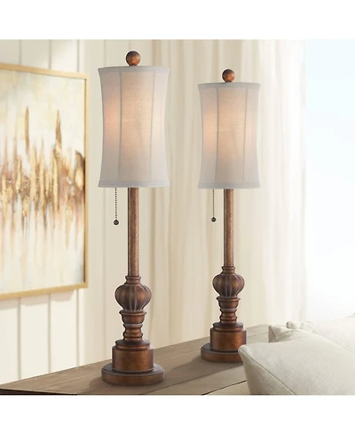 Regency Hill Traditional Buffet Table Lamps 28" Tall Set of 2 Warm Brown Wood Tone Fabric Drum Shade for Dining Room