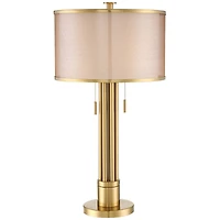 Possini Euro Design Granview Modern Table Lamp 32 1/2" Tall Brass Column Taupe Organza Outer Off White Linen Inner Drum Shade for Bedroom Living