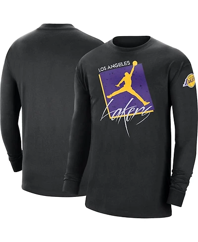 Men's Jordan Black Distressed Los Angeles Lakers Courtside Max 90 Vintage-Like Wash Statement Edition Long Sleeve T-shirt