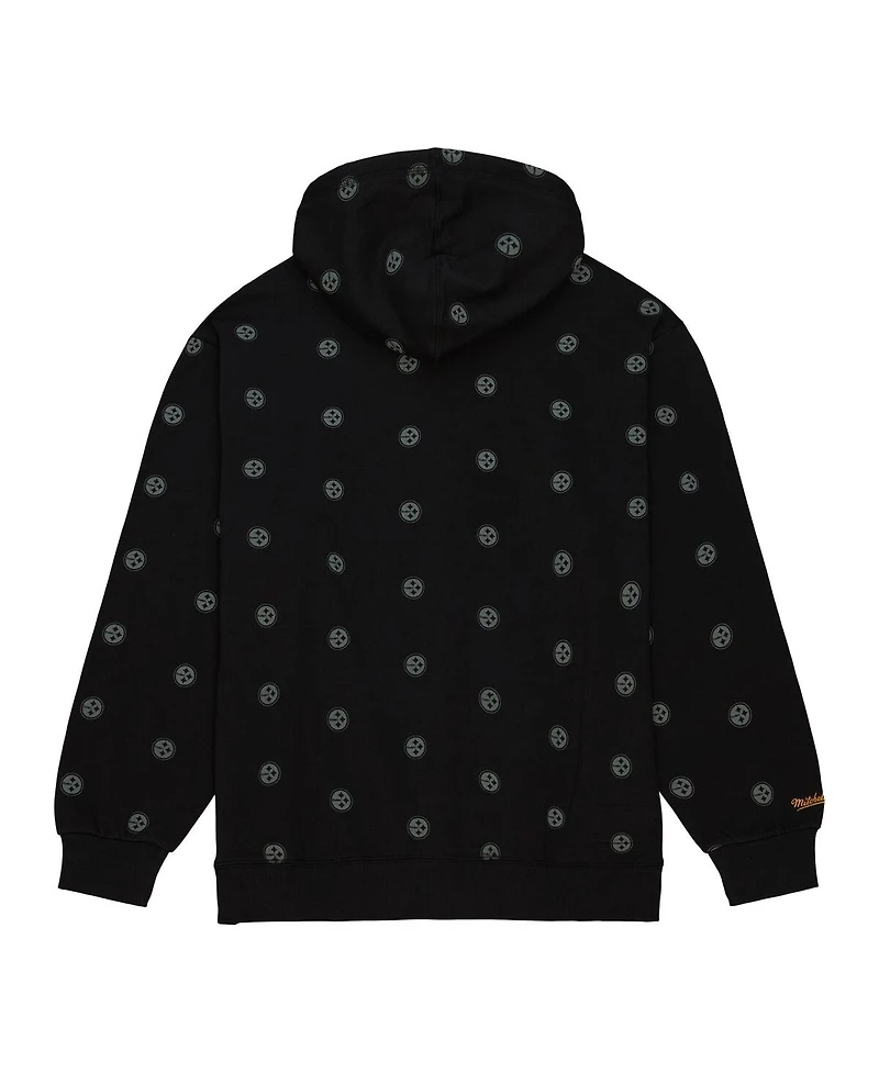 Men's Mitchell & Ness Black Pittsburgh Steelers Allover Print Fleece Pullover Hoodie