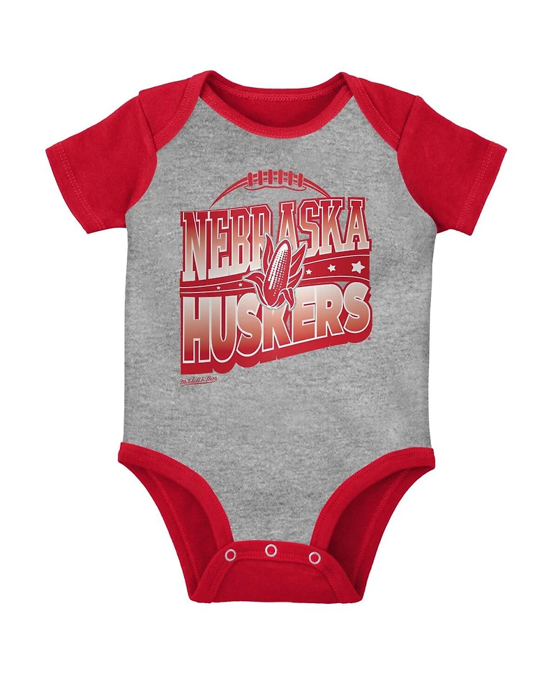 Baby Boys and Girls Mitchell & Ness Scarlet, Heather Gray Nebraska Huskers 3-Pack Bodysuit, Bib and Bootie Set