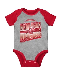 Baby Boys and Girls Mitchell & Ness Scarlet, Heather Gray Nebraska Huskers 3-Pack Bodysuit, Bib and Bootie Set