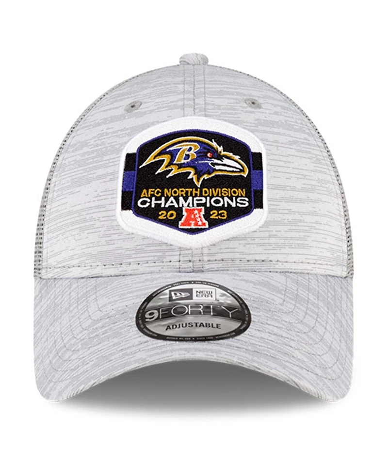 Men's New Era Heather Gray Baltimore Ravens 2023 Afc North Division Champions Locker Room Trophy Collection Trucker 9FORTY Adjustable Hat